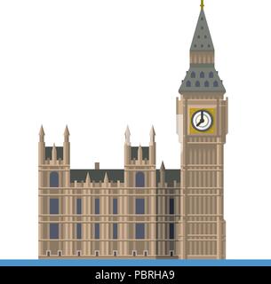 Design piatto vettore isolato icona del Big Ben e la torre di Elizabeth presso il Palazzo di Westminster, Londra, Inghilterra Illustrazione Vettoriale