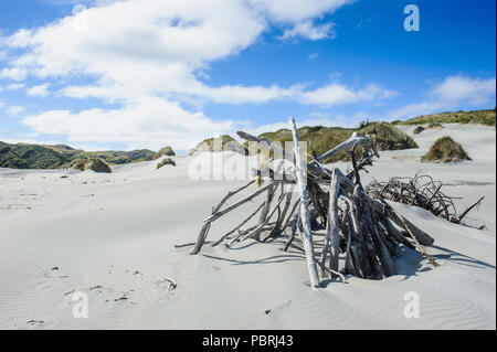 Driftwood in le bianche dune di sabbia sulla spiaggia Wharariki, Isola del Sud, Nuova Zelanda Foto Stock