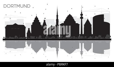 Dortmund Germania skyline della città in bianco e nero con Silhouette riflessioni. Illustrazione Vettoriale. Piatto semplice concetto per il turismo presentazione, banner Illustrazione Vettoriale