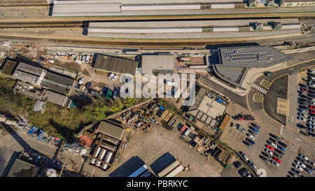 Vedute aeree dell'ex stabilimento della fabbrica di birra Brains, ora sede dello sviluppo di Central Quay nel centro di Cardiff, Galles, Regno Unito: Phillip Roberts Foto Stock