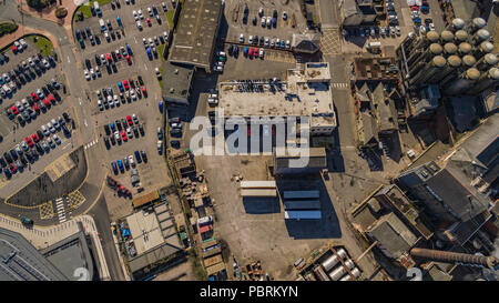 Vedute aeree dell'ex stabilimento della fabbrica di birra Brains, ora sede dello sviluppo di Central Quay nel centro di Cardiff, Galles, Regno Unito: Phillip Roberts Foto Stock