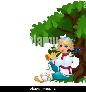 Ragazzo in un tradizionale costume russo suonare il flauto isolati su sfondo bianco. Vector cartoon close-up illustrazione. Illustrazione Vettoriale