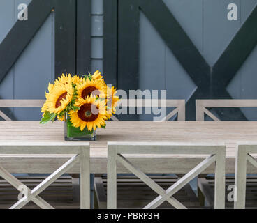 Vaso con Fresh cut girasoli su un tavolo esterno con Nero e grigio Foto Stock