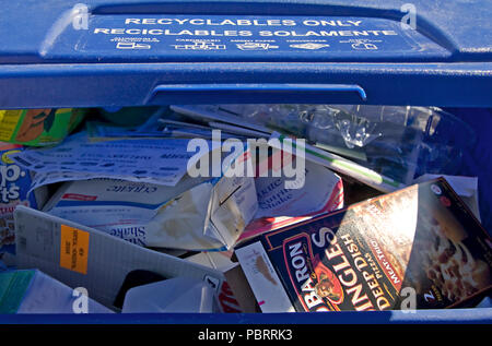 Un grande blu contenitore recylables distribuiti dalla nostra città. Stampigliato sul coperchio è indicato tutte le variey di prodotti che possono essere inseriti e recyled Foto Stock