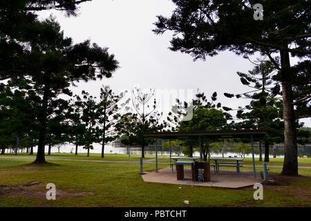 Un barbecue e pic-nic in legno Tavolo e panca a Lago Tinaroo, altopiano di Atherton, QLD, Australia Foto Stock