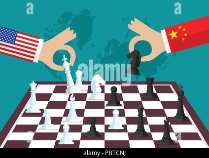 Due persone che giocano a scacchi. Conflitto tra Stati Uniti e Cina Illustrazione Vettoriale