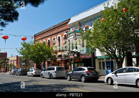 Chinatown a Victoria, BC, Canada. Don Mee ristorante. Victoria British Columbia Chinatown street. Foto Stock