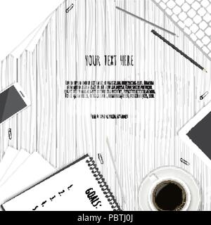 Vista dall'alto ufficio business tabella. Penna, Matita, caffè, tastiera, il computer tablet. Illustrazione Vettoriale