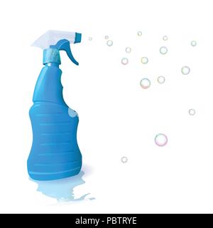 Il servizio di pulizie blu con detergente. Bolla di sapone. La pulizia e la disinfezione. Illustrazione Vettoriale. Illustrazione Vettoriale