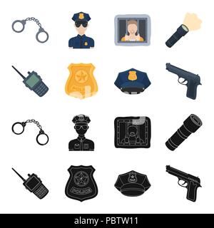 Radio, funzionario di polizia a badge, cappuccio uniforme, pistola.La polizia set di icone di raccolta in nero,cartoon stile simbolo vettore illustrazione stock . Illustrazione Vettoriale