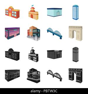 Arc de Triomphe a Parigi, ponte rinforzato, cafe edificio, casa in stile scandinavo. Architettura e costruzione di set di icone di raccolta in nero,carrello Illustrazione Vettoriale