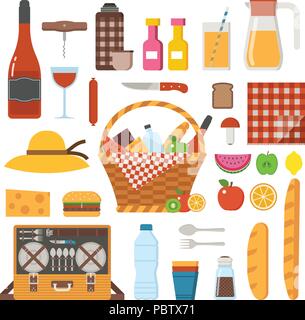 Picnic Party Icona Set con cesto di paglia Illustrazione Vettoriale