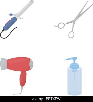 Asciugacapelli, asciugacapelli, lozione, forbici. Parrucchiere set di icone di raccolta in stile cartoon simbolo vettore illustrazione stock . Illustrazione Vettoriale