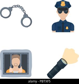 Manette, poliziotto, prigioniero, torcia elettrica.Polizia raccolta di set di icone in stile cartoon simbolo vettore illustrazione stock . Illustrazione Vettoriale
