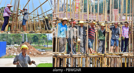 (180730) -- RONGSHUI, luglio 30, 2018 (Xinhua) -- Il combinato fotografia scattata a luglio 22, 2018 mostra di lavoratori presso il cantiere per la costruzione di un sito di reinsediamento per residenti spostati dalle aree povere in Rongshui Miao contea autonoma, a sud della Cina di Guangxi Zhuang Regione autonoma. Il progetto di reinsediamento, iniziato nel luglio 2016, è progettato per aiutare a oltre 8 mila abitanti di un villaggio impoverito di delocalizzare. A causa di condizioni ambientali difficili, Rongshui è stata per lungo tempo un meno sviluppata area in Cina. Fino ad ora ci sono ancora 76.800 povera gente che vive nella contea. Negli ultimi anni il governo locale ca Foto Stock