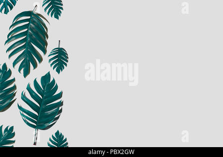 Concept Art minimal design sfondo lascia monster blu tropicali e foglie in vibrante di gradiente in grassetto alla moda di estate tropicale, lascia il Design Foto Stock