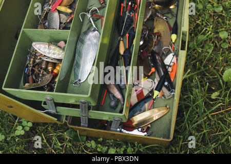 Esche Artificiali, ami da pesca e la pesca galleggianti in un Fishing Tackle Box. Foto Stock