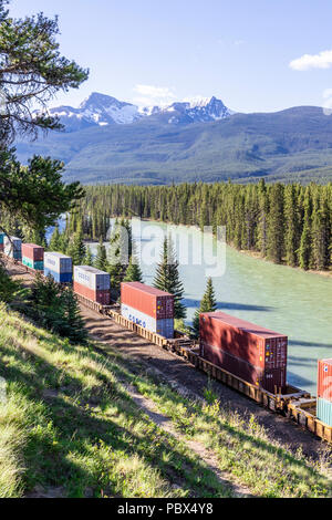 Un treno merci della Canadian Pacific Railway acceso accanto al Fiume Bow e Montagne Rocciose presso il Castello Junction NW di Banff, Alberta, Canada Foto Stock