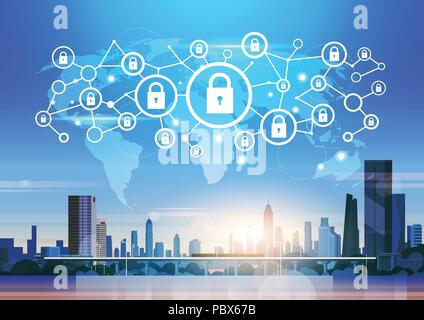 Mappa mondo interfaccia futuristico icona a forma di lucchetto di sicurezza di rete di protezione di privacy dei dati concetto di connessione skyline tramonto cityscape edifici di sfondo orizzontale piana Illustrazione Vettoriale