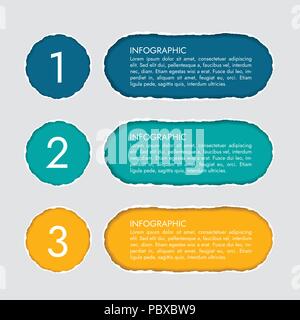 Vector colore moderno modello infografico con tre fori di carta strappata e tre opzioni o fasi isolate su uno sfondo grigio con ombre Illustrazione Vettoriale