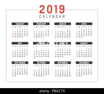 Anno 2019 nero minimalista e calendario rosso su sfondo bianco. Illustrazione Vettoriale