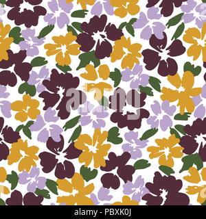 Bold graphic su larga scala vettore floreali seamless pattern. Semplicistico oversized disegnati a mano fioriture colorate su sfondo bianco. Fiori stilizzati, foglie Illustrazione Vettoriale