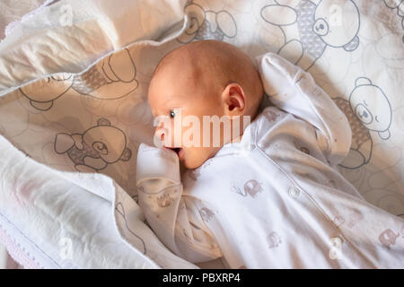 Calma neonato nel letto guarda con attenzione. Sorpreso caucasian little baby sleepwear in pigiama. Foto Stock