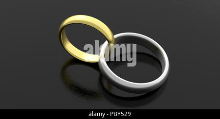 Coppia di golden platinum unite gli anelli di nozze isolato nero su sfondo di legno, 3d illustrazione Foto Stock