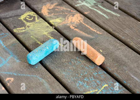 Giallo e arancio chalk e un bambino di gesso disegni di persone su un ponte di legno. Foto Stock