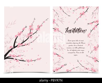 Vettore di rami di decorazione con fiori, molla blossom sakura. Set di cartoline di auguri Illustrazione Vettoriale