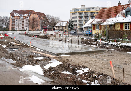 Strasburgo, tram sito in costruzione, linea e estensione, le vie di calcestruzzo , case, Alsazia, Francia, Europa Foto Stock