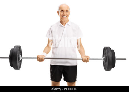 Uomo anziano il sollevamento di un barbell isolati su sfondo bianco Foto Stock