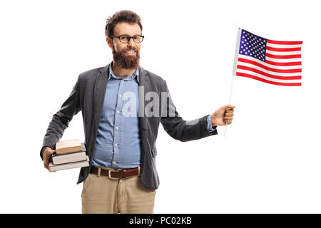 Professore con una bandiera americana isolato su sfondo bianco Foto Stock