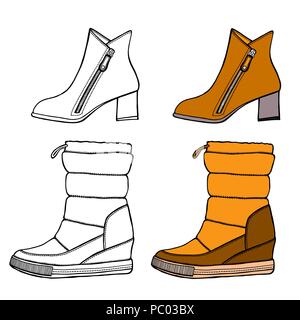 Set di riscaldare metà femmina-boot sul tallone in pelle scamosciata. Isolared su bianco Illustrazione Vettoriale