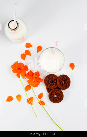 Bottiglia e bicchiere di latte con i biscotti al cioccolato e fiori sulla superficie bianca Foto Stock