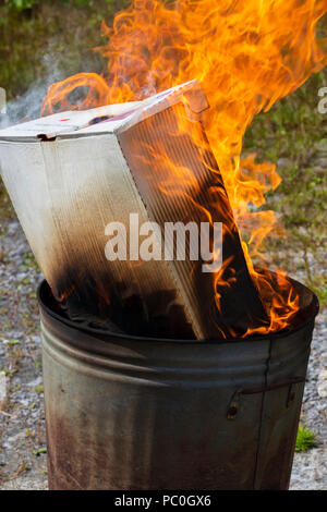 La combustione dei rifiuti di carta e cartone in un piccolo giardino inceneritore Foto Stock