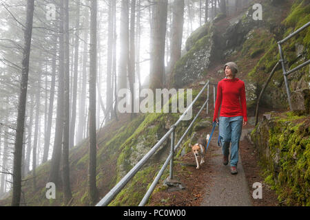 Una donna passeggiate con il suo cane su Beacon Rock in Columbia River Gorge. Foto Stock