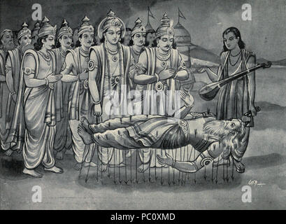 348 Krishna e Pandava lungo con Narada conversare con Bhishma chi è sul letto di frecce Foto Stock