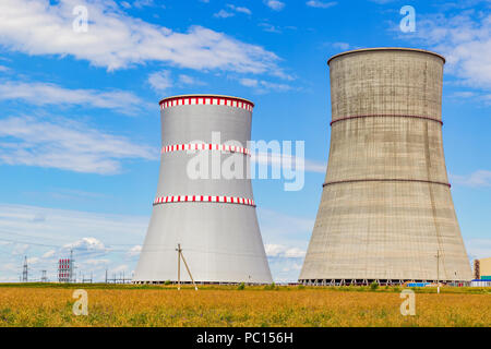 NPP, torri di raffreddamento della centrale nucleare che è in costruzione in Astravets, regione di Grodno, Bielorussia. Luglio 2018. Questi refrigeratori assomigliano al Foto Stock