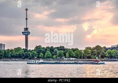 Rotterdam, Paesi Bassi, 16 Luglio 2018: un entroterra chiatte passa da su Nieuwe Maas fiume, con il parco ed Euromast torre di osservazione in backgr Foto Stock