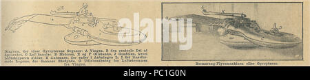 . Piano di Gyropter inventato da Papin e Rouilly provenienti dalla Francia, dalla rivista danese 'Illustreret Familiejournal' (illustrata Familyjournal) 1914 n. 44, p. 29. La didascalia recita:'Schema che mostra le parti del gyropter: A. L'ala. B. La parte centrale della macchina. C. Airchannels. D. Il motore. E & F. Il oiltank. J. La gondola, in cui l'aircaptain siede. K. L'antenna che termina nell'apertura L, I. Il corpo lenseshaped che crea un cuscino. G.Emitteropening per l'aereiforme dall'ala. La didascalia nella seconda foto si legge: 'Il boomerang macchina volante o il gyropter." . 26 Foto Stock