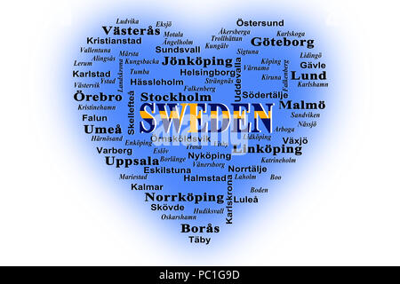 Nel contorno blu del cuore è scritta la parola in Svezia e le destinazioni elencate in svedese, sfondo bianco Foto Stock