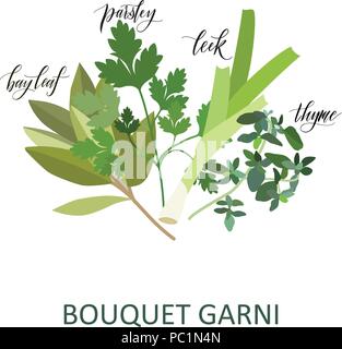 Bouquet Garni erbe set. Scritto a mano i nomi. Aromatiche erbe di cottura Illustrazione Vettoriale