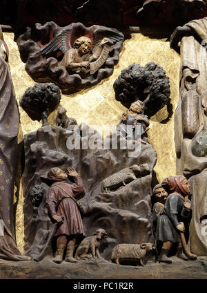 Intricatamente intagliati e dipinti fregio all'interno della cattedrale di Notre Dame raffigurante l'Annunciazione ai pastori, Sito Patrimonio Mondiale dell'UNESCO a Parigi, Francia Foto Stock