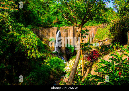 Un luogo tranquillo con una cascata e la splendida natura nel mezzo del giardino zoologico di Martinica Foto Stock