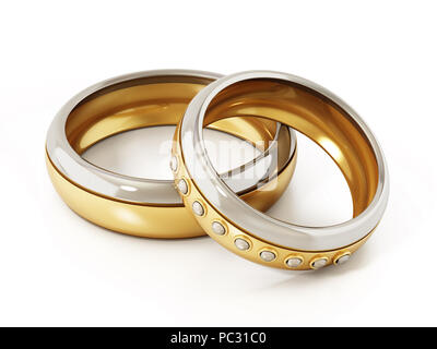 Gli anelli di nozze per la sposa e lo sposo isolati su sfondo bianco. 3D'illustrazione. Foto Stock
