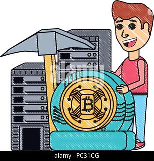 Cryptocurrency progettazione di data mining con l uomo con dataservers e cryptocoins sopra lo sfondo, illustrazione vettoriale Illustrazione Vettoriale