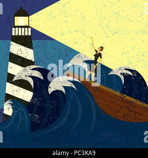 Orientamento in mari tempestosi, un faro di fornire indicazioni per una barca in un mare in tempesta. Illustrazione Vettoriale