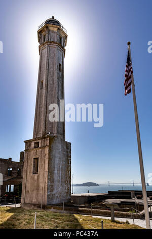 Faro, Isola di Alcatraz a San Francisco, California, Stati Uniti d'America, Sabato, 02 giugno 2018. Foto Stock