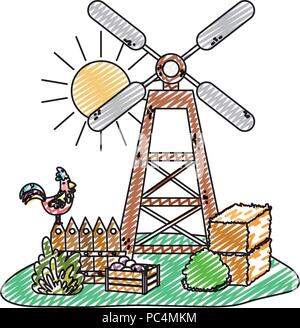 Doodle windmill con la fattoria delle balle di paglia e le melanzane all'interno della scatola Illustrazione Vettoriale